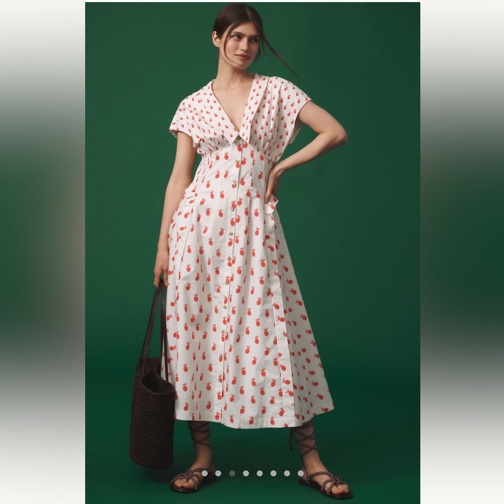 NWT Anthropologie Short-Sleeve V-Neck Pleated Midi Dress pineapple size small